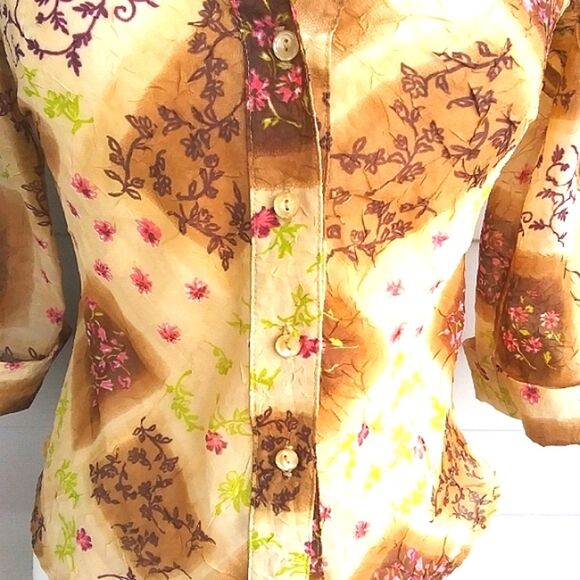 Blouse Chiffon Sheer Button Front 3/4 Length Sleeves Boho Patchwork Look… - Picture 7 of 16
